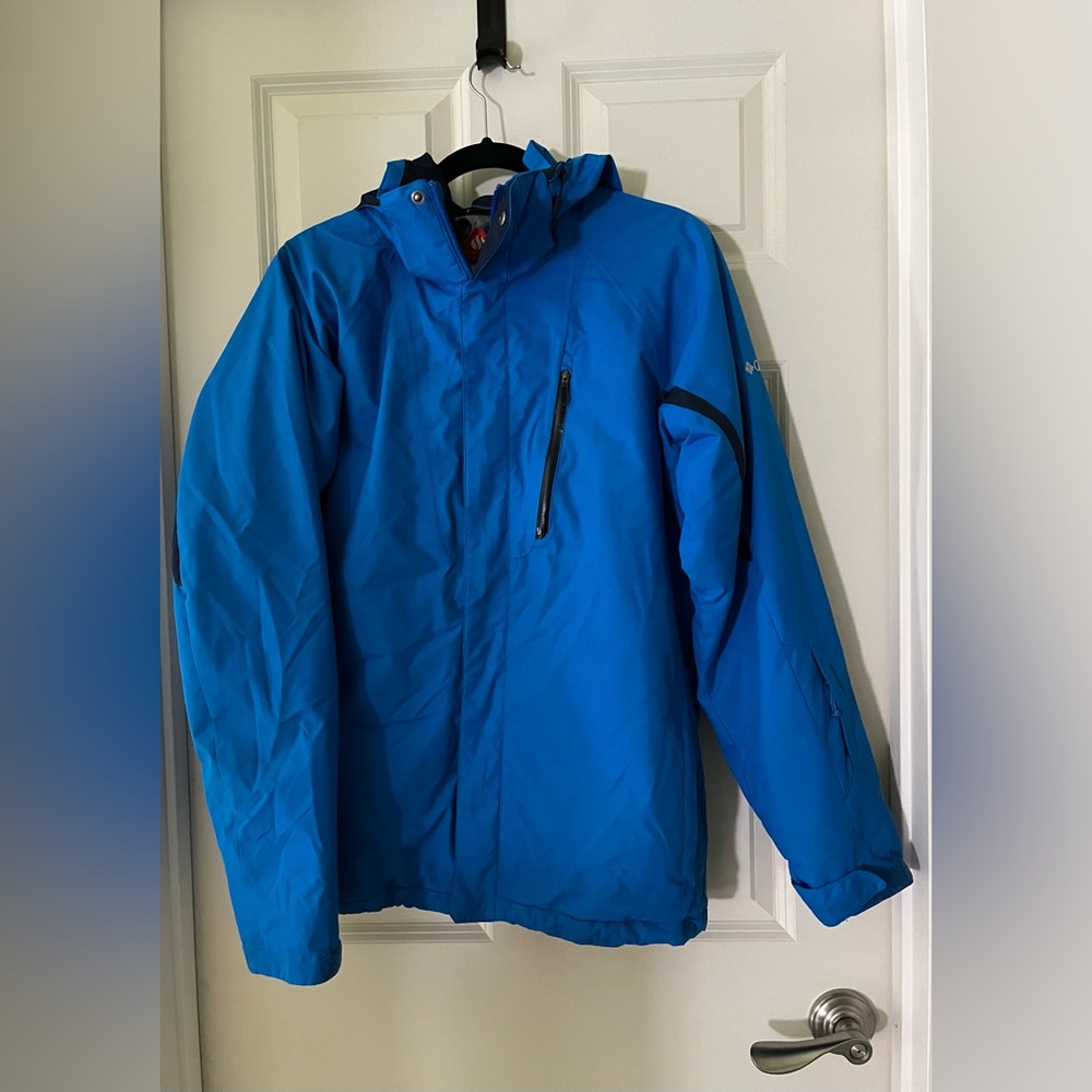 Men’s Columbia Omni-heat blue hooded winter jacket, multiple pockets, Velcro-S